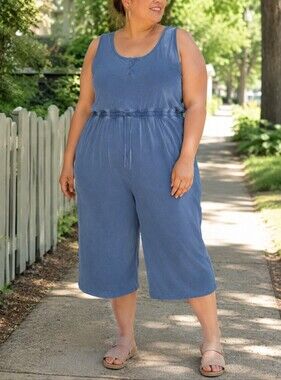 Torrid Plus Size Blue Acid Wash Knit Culotte Jumpsuit | Rustic Washed Wide Leg